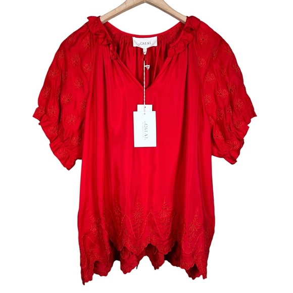 THE GREAT. The Wish Silk Embroidered Top in valentine red - Picture 2 of 11